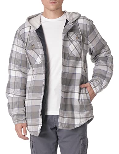 Wrangler Authentics Men's Long Sleeve Quilted Lined Flannel Shirt Jacket with Hood, Gray, Large