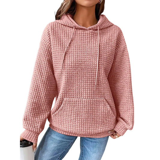 Women's Oversized Hoodies Casual Basic Waffle Long Sleeve Pullover Tops Solid Hooded Sweatshirt with Pocket Pink